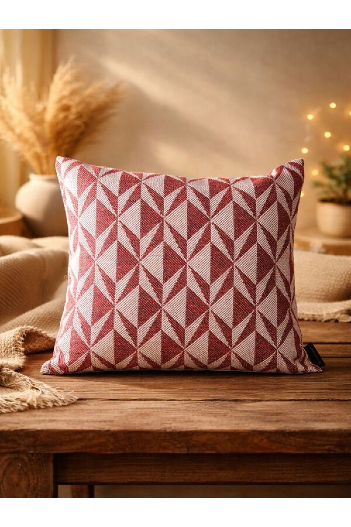 Bordo Geometrik Desenli Keten Kırlent Kılıfı 43x43 cm – Premium Collection