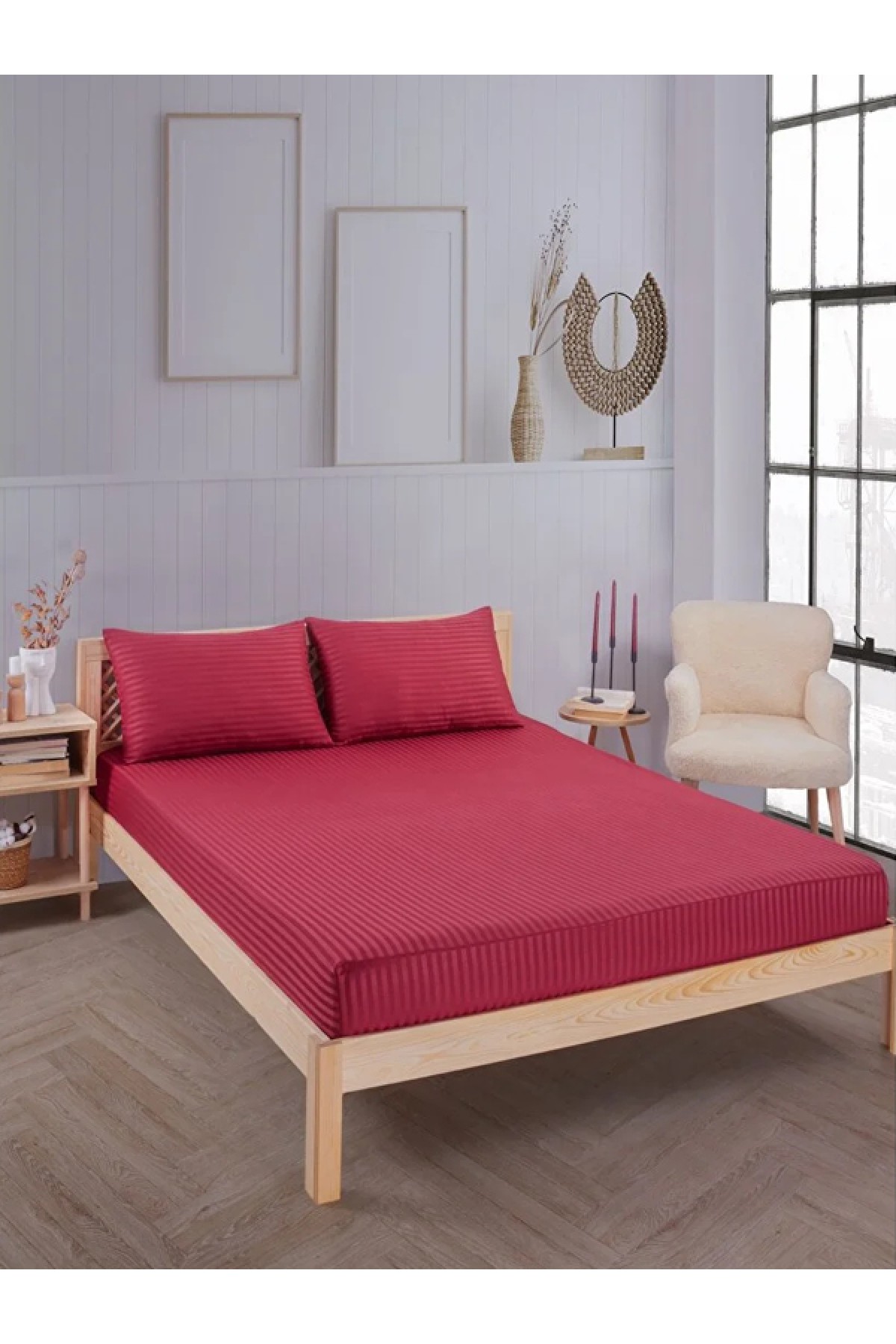 Bordo Pamuklu Çizgili Saten Lastikli Çarşaf Takımı Tek Kişilik  + 1 Yastık Kılıfı