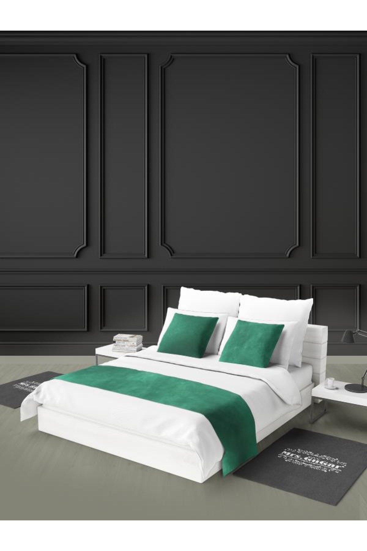 Çift Kişilik Yatak Runner ve Kırlent Kılıfı Seti Zümrüt Yeşili