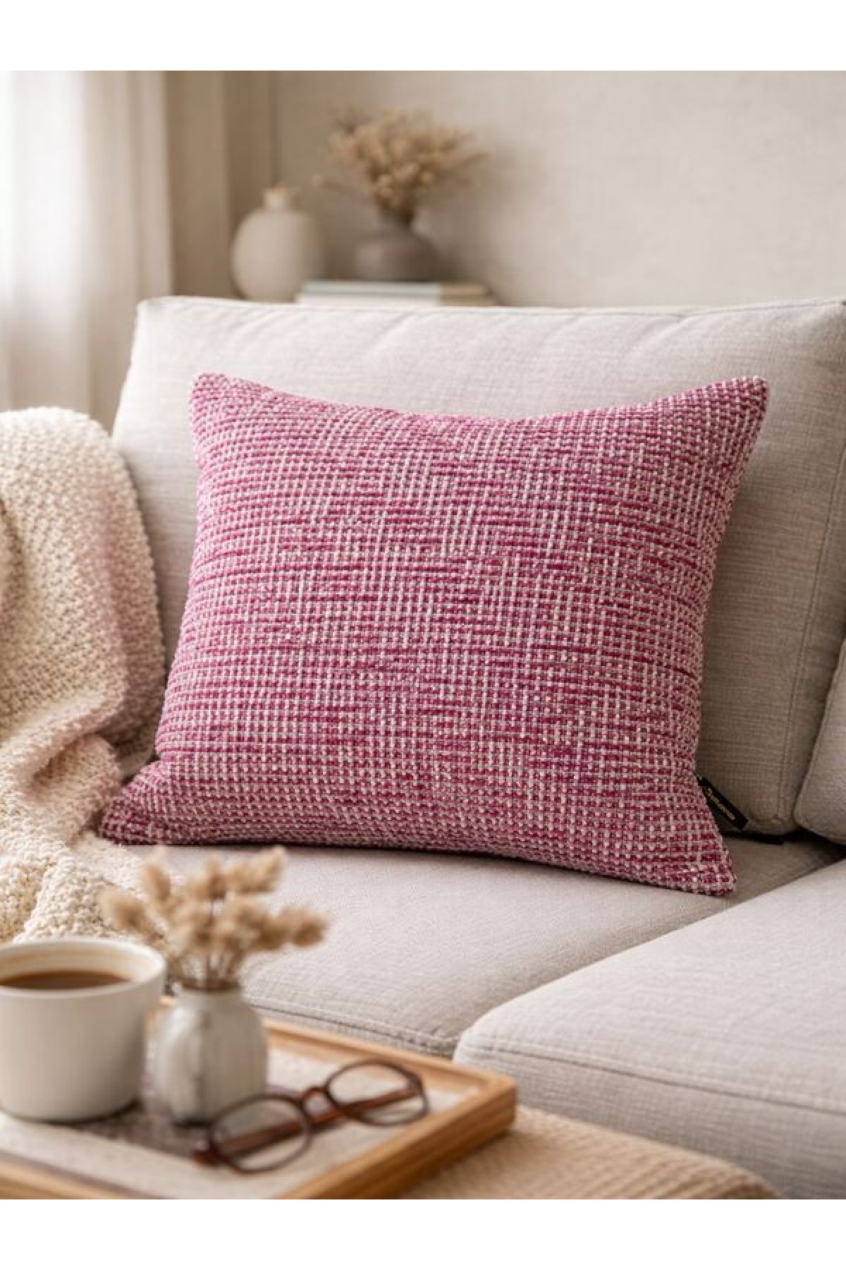 Fuşya & Krem Dokuma Kırlent 43 x 43, Modern Keten Dokulu Dekoratif Kılıf