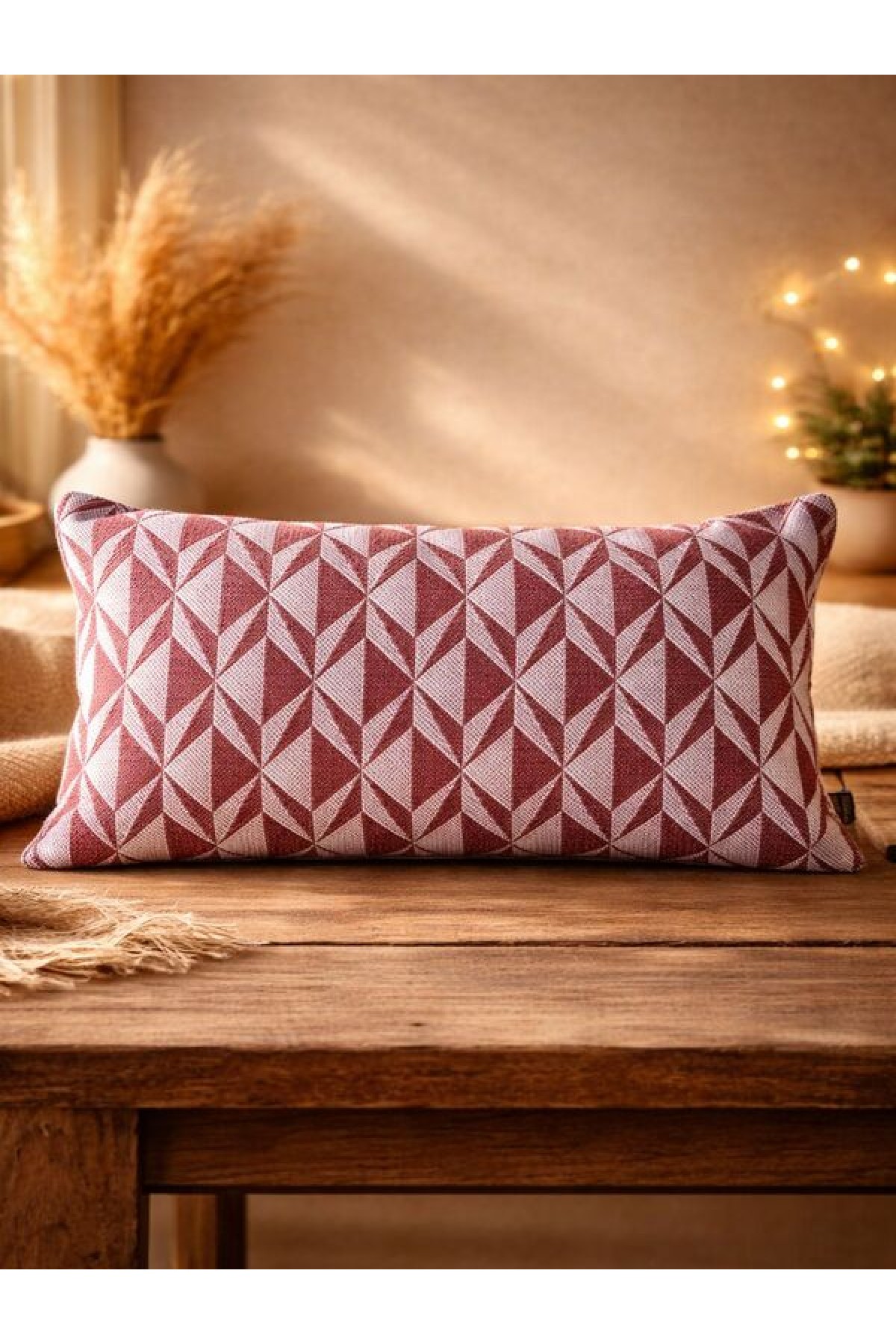 Bordo Geometrik Desenli Keten Kırlent Kılıfı 35x50 cm – Premium Collection