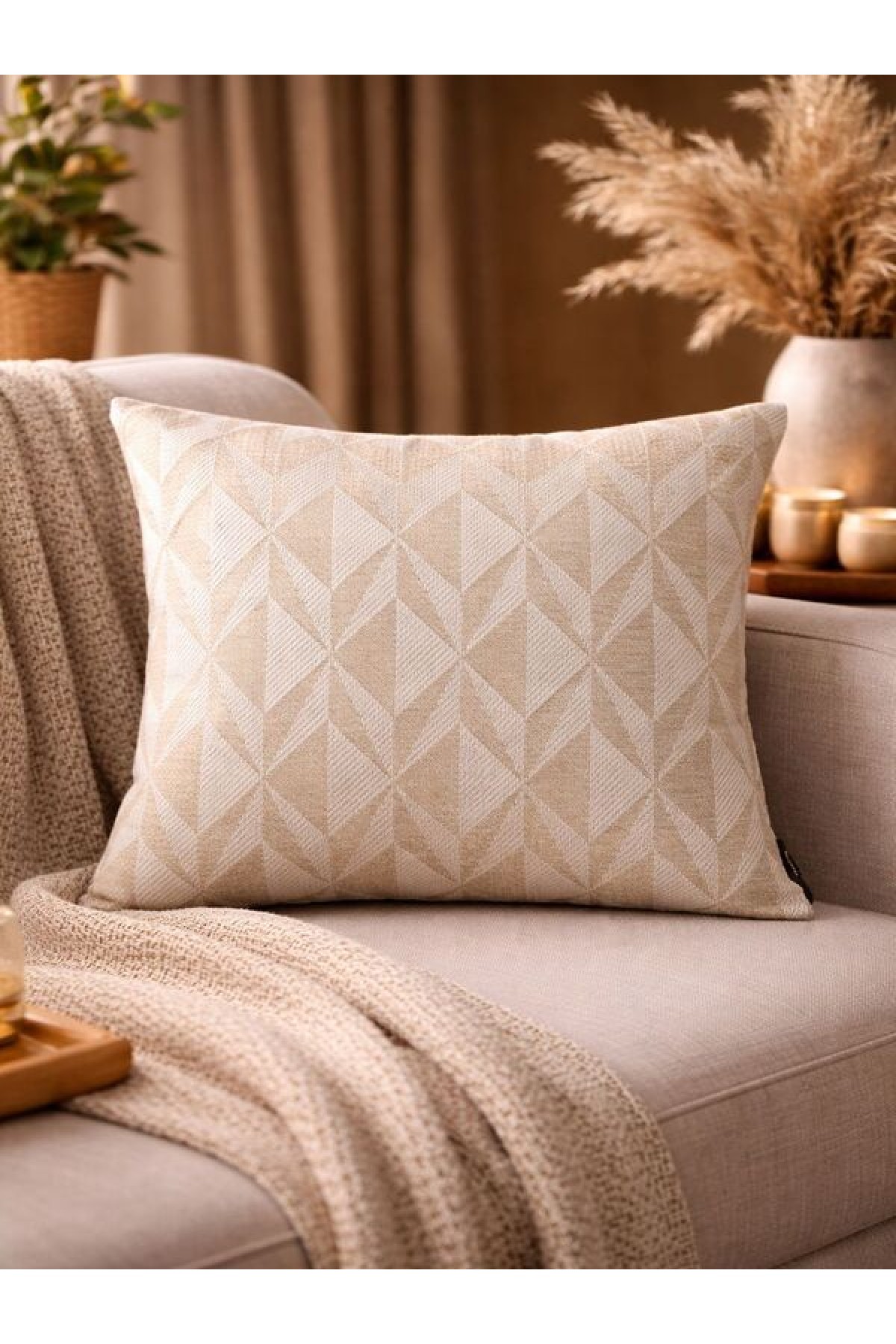 Krem Bej Geometrik Desenli Keten Kırlent Kılıfı 43x43 cm – Premium Collection