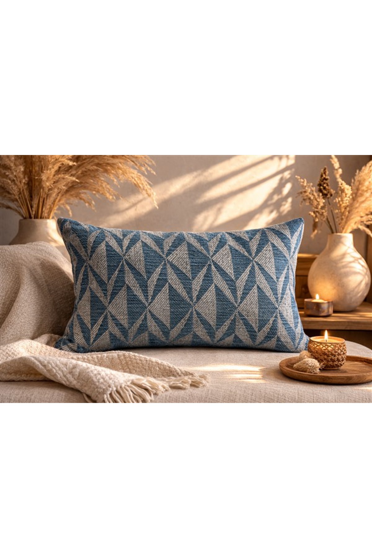  Mavi Geometrik Desenli Keten Kırlent Kılıfı 35x50 cm – Premium Collection