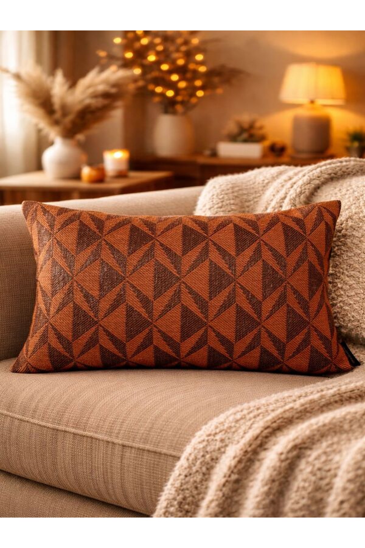 Kiremit Melanj Geometrik Desenli Keten Kırlent Kılıfı 35x50 cm – Premium Collection