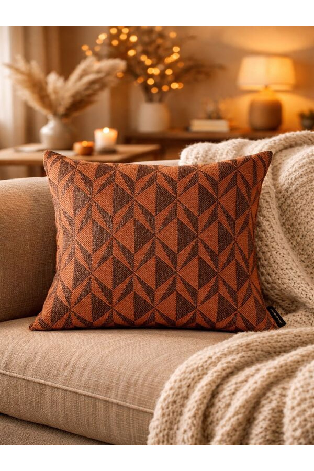 Kiremit Melanj Geometrik Desenli Keten Kırlent Kılıfı 43x43 cm – Premium Collection