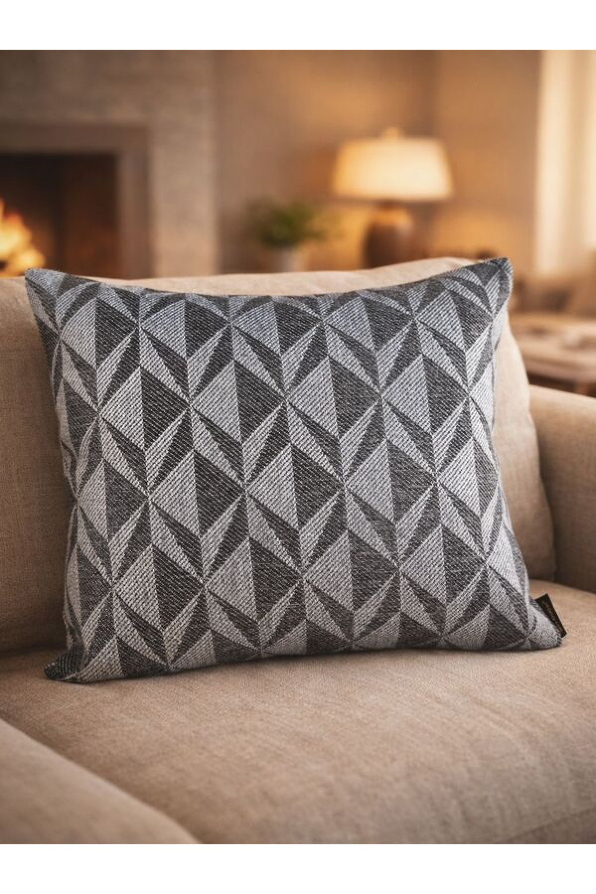 Mrs Gugar 43x43 Keten Kırlent Kılıfı Açık Gri Antrasit Geometrik Desenli Dekoratif Yastık Kılıfı