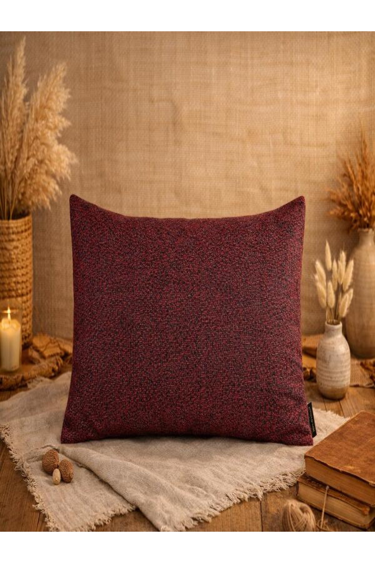 Mrs Gugar Astana Serisi 43x43 Keten Kırlent Kılıfı Bordo Melanj Dekoratif Yastık Kılıfı