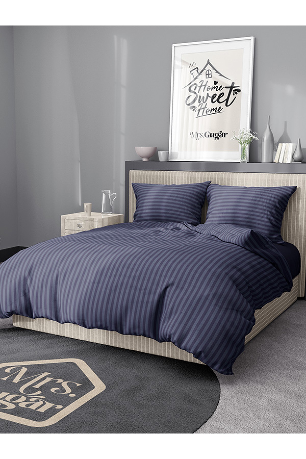 Mrs.Gugar Çift Kişilik Saten Çizgili Lacivert Nevresim Takımı 