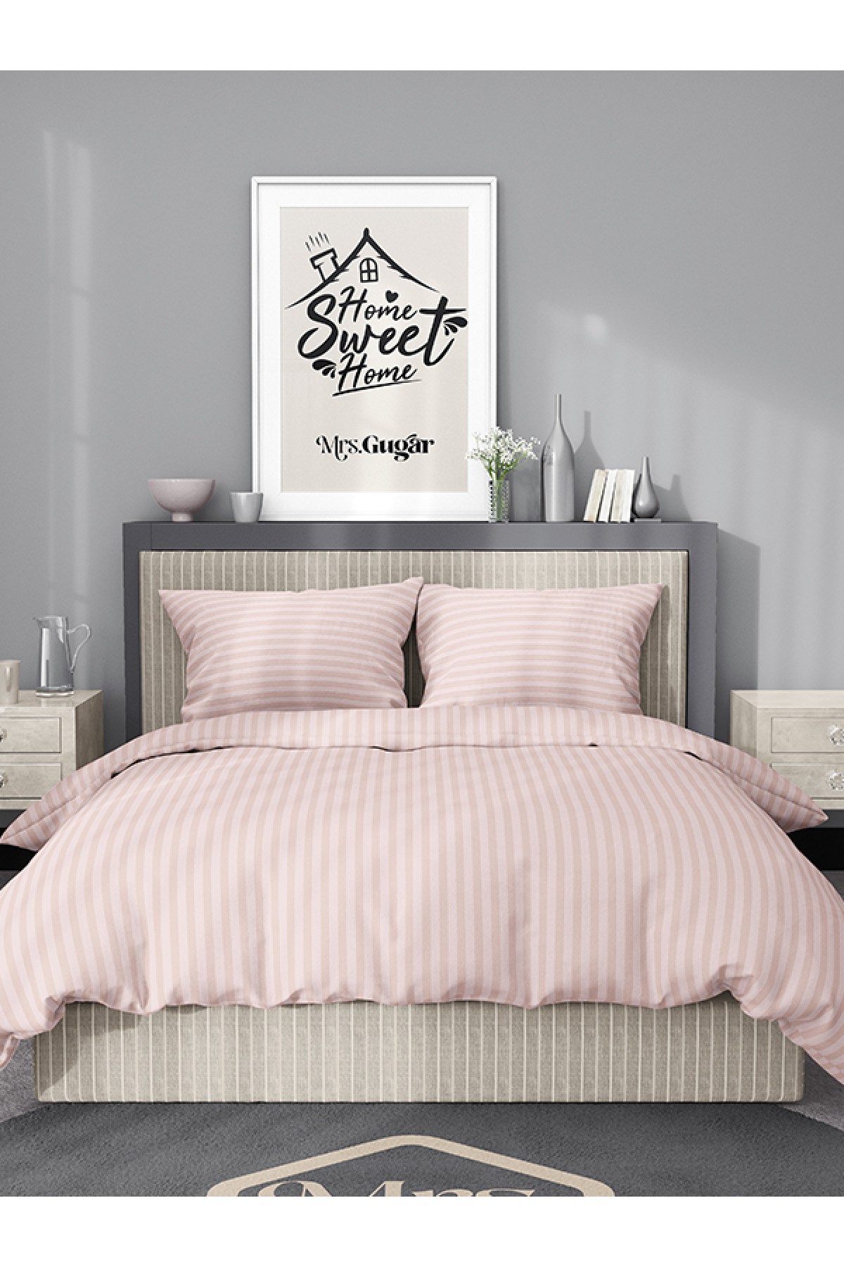 Mrs.Gugar Çift Kişilik Saten Çizgili Pudra Nevresim Takımı