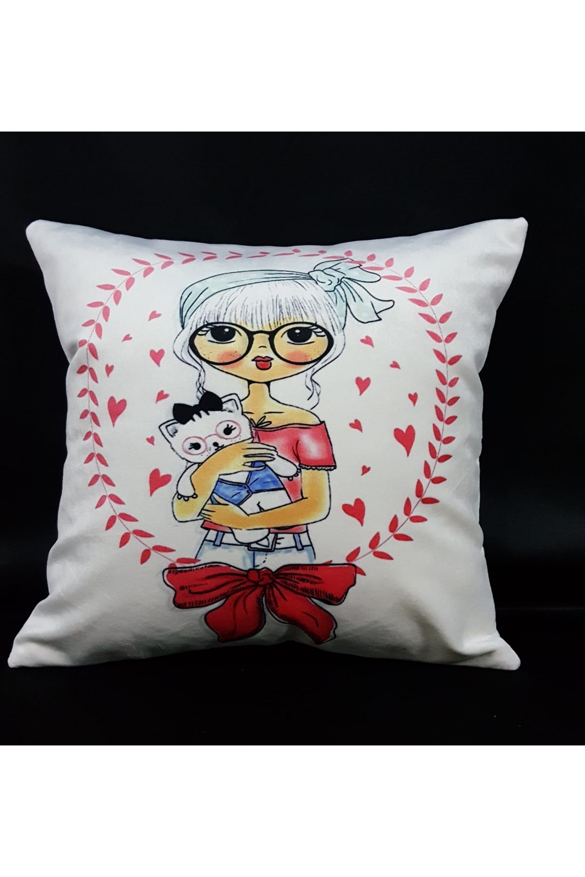 Mrs.Gugar Gözlüklü Kedili Kız Kırlent Kılıfı