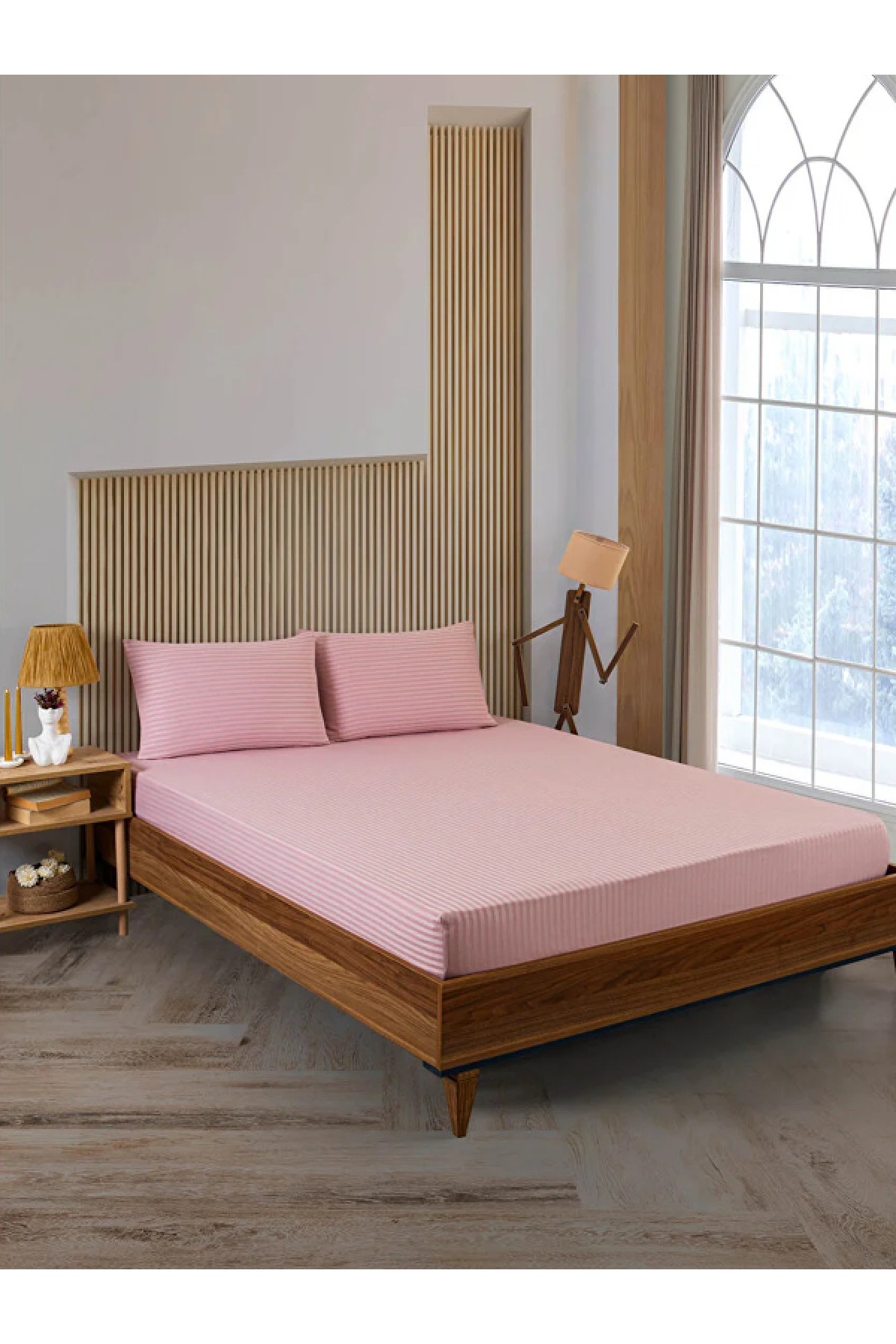 Pudra Pamuklu Çizgili Saten Lastikli Çarşaf Takımı Çift Kişilik  + 2 Yastık Kılıfı