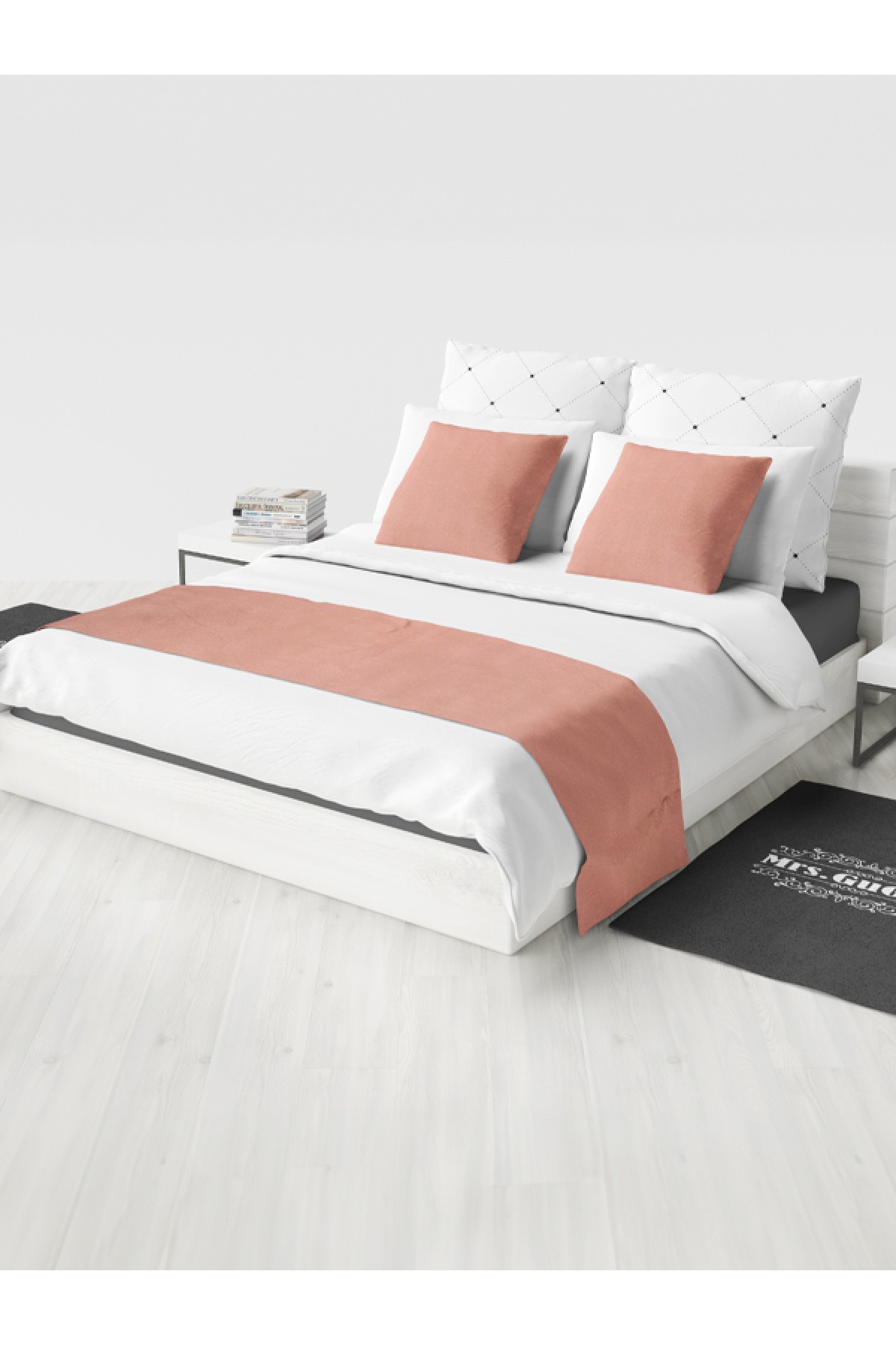 Tek Kişilik Yatak Runner ve Kırlent Kılıfı Seti Pudra
